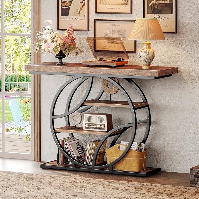 Huuger Modern Console Table, 41.3 Inch Sofa Table with Artistic Curved Metal Frame, Narrow Entryway Table for Hallway, Living Room, Behind Couch, Rustic Brown