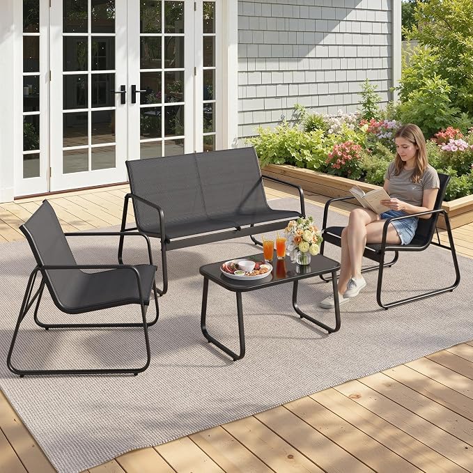 Gizoon 4 Piece Patio Furniture Set, Outdoor Patio Furniture with Loveseat and 2 Single Chairs, Bistro Table and Chairs Set for Backyard, Balcony, Lawn,Black