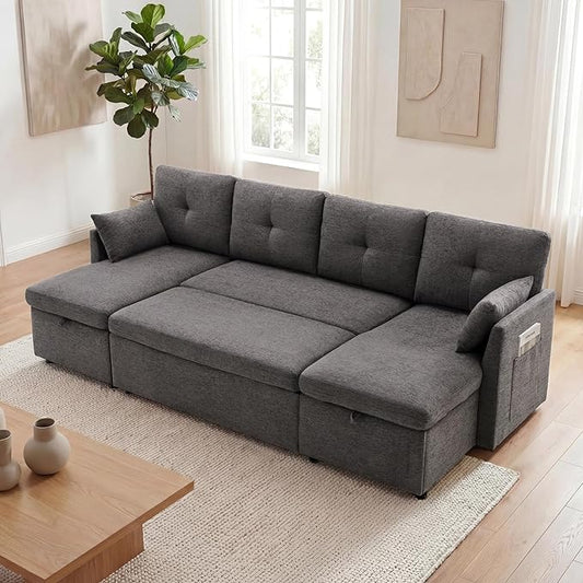 Huatean Home 100" Oversized Sleeper Sofa Couch, 2 in 1 Pullout Couch Bed with Side Pockets for Living Room, Sectional Sleeper Sofa Bed with Double Storage Chaise, Darkgrey