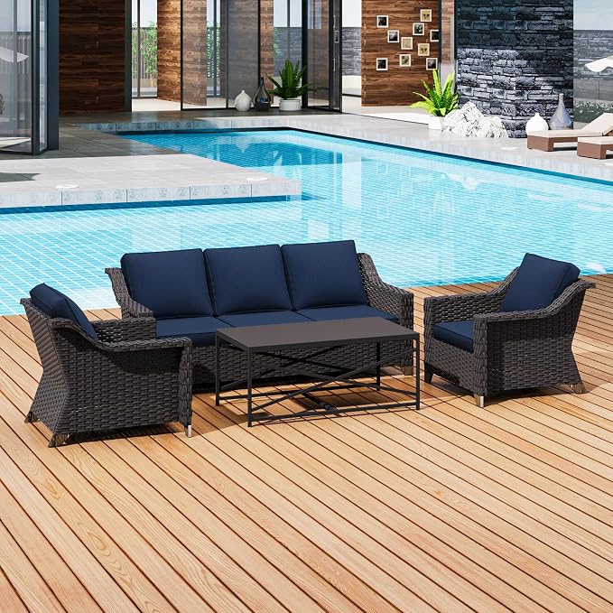 4 Pieces Outdoor Conversation Furniture Set - 77" Patio Sofa, 2 Wicker Armchairs, 1 Metal Coffee Table, Patio Wicker Furniture Set with Water-Resistant Cushions for Sunroom (Navy Blue)