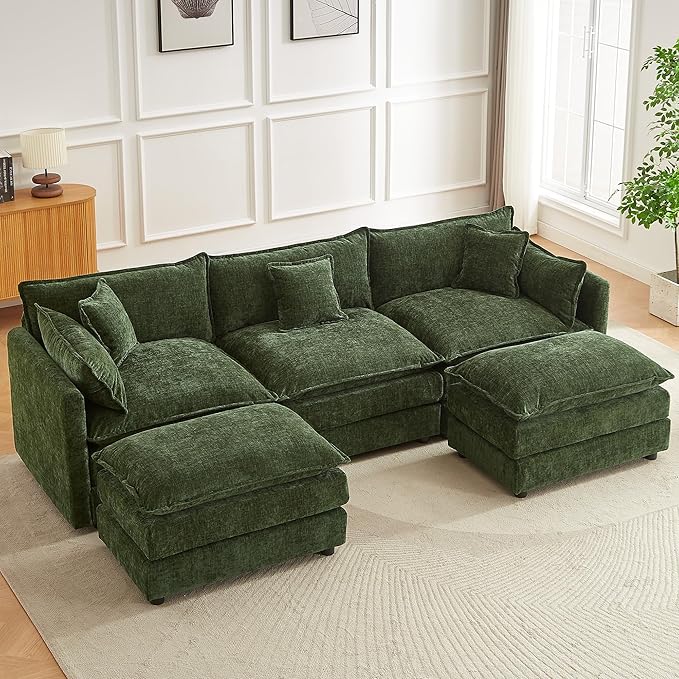 Modular Sectional Sofa, 112.2 Inch U Shaped Couch Set with Armrests, 3-Seater Comfy Cloud Couches for Living Room Apartment, Green