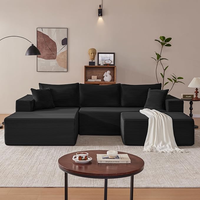 Mangodan 110” Cloud Sectional Couch, Modular Sectional Sofa with Deep Seat, Boneless Sofa for Living Room, Fluffy Comfy U-Shaped Couch with Left Facing Chaise, No Assembly Required, Black