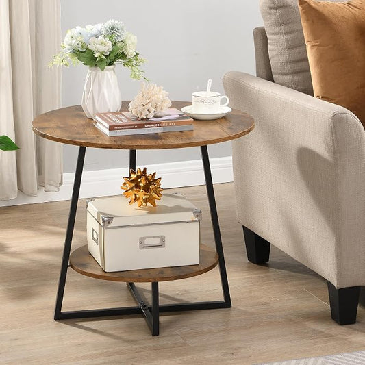 D&H FURNIMMT Round End Table Set of 2, 20" Industrial 2-Tier Side Table, Metal Frame Nightstand Accent Table for Living Room Bedroom Small Spaces, Rustic Brown & Black