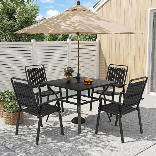 Outdoor Dining Set for 4, Patio Table and Chairs Set with 1.97'' Umbrella Hole, 5pcs Patio Furniture Set 37.8”x37.8” Black Dining Table Set for Porch Deck Backyard Pool