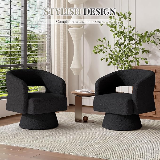 Luxanimarion Swivel Barrel Accent Chair,Oversized Teddy Upholstered Round Swivel Chair,Modern Luxury 360 Degree Living Room Vanity Chair for Bedroom Office,Black,4PCS