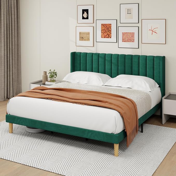 alazyhome Platform Bed Frame King Size with Upholstered Headboard, Solid Wood Slats Support, No Box Spring Needed, Noise Free, Easy Assembly, Modern Velvet Bed, Green