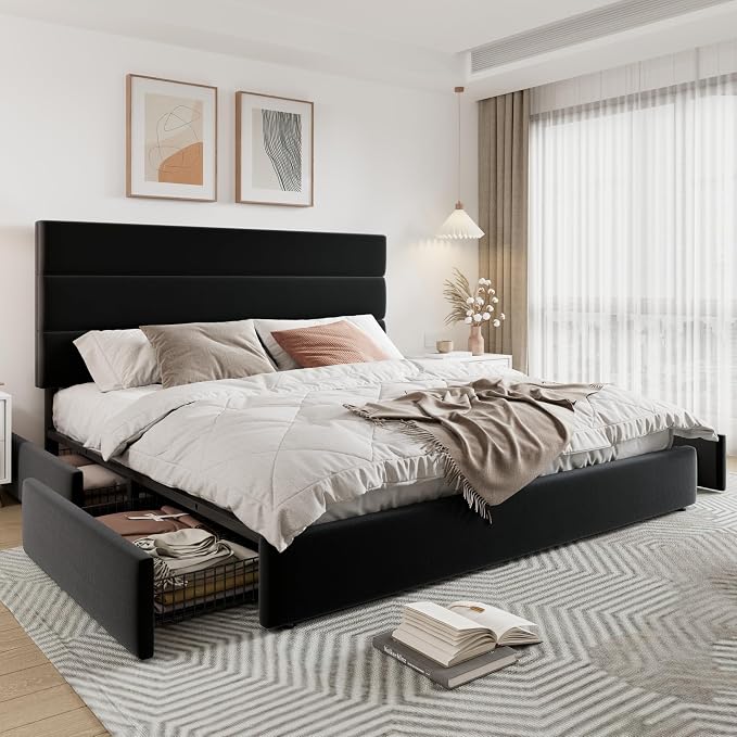 Allewie Modern King Size Platform Bed Frame with 4 Storage Drawers and Velvet Upholstered Headboard, Wooden Slats Support, Upholstered Mattress Foundation/No Box Spring Needed/Easy Assembly, Black