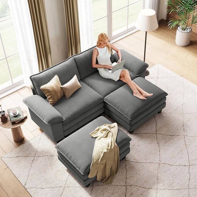 LINSY HOME 90'' Modular Sectional Sofa 2 Seat Couch Corduroy Cloud Couch with Deep Seat, Modern Cloud Couch with 2 Movable Ottoman for Living Room, Office, Bedroom, Grey