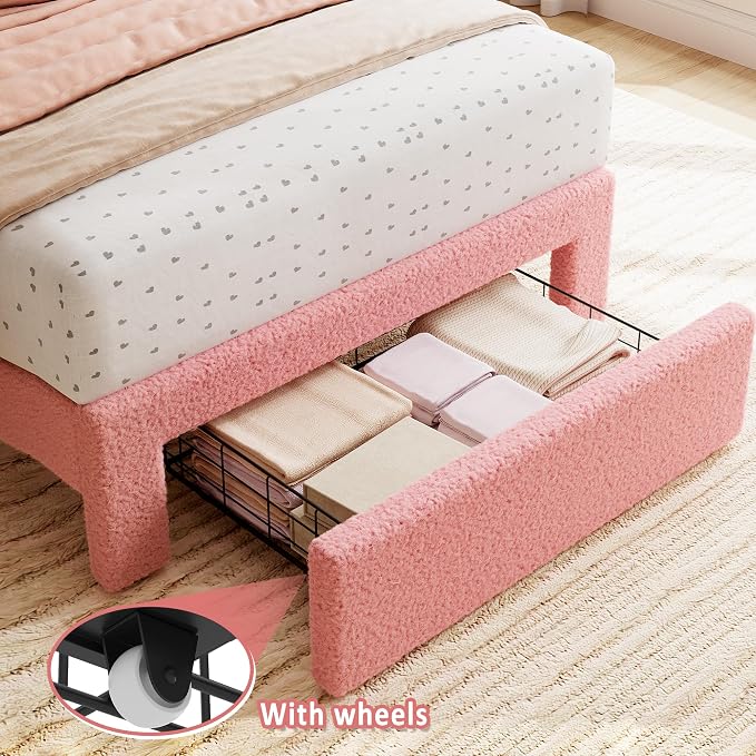 GarveeHome Twin Bed Frame with Under-Bed Drawer, Upholstered Platform Bed with Wave Headboard for Kids/Girls, Wooden Slats Support, No Box Spring Needed, Boucle Pink