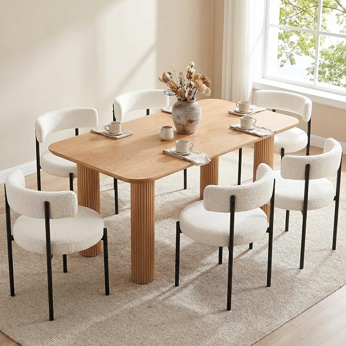 Boucle Dining Chairs Set of 6, White Dining Chairs with Upholstered Seat and Round Back, Mid-Century Modern Kitchen Chairs for Dining Room, Restaurant