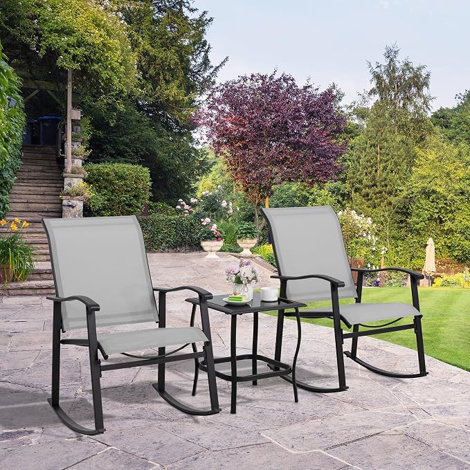 Shintenchi 3 Piece Rocking Bistro Set, Outdoor Furniture with Rocker Chairs and Glass Coffee Table Set of 3, Balcony, Porch Furniture for Small Space, Light Gray