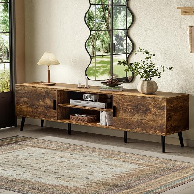 SUPERJARE 70.9 Inch TV Stand for 65, 75 Inch TV, Entertainment Center with Adjustable Shelf, 2 Cabinets, TV Console Table, Media Console, Solid Wood Feet, Cord Holes, for Living Room, Rustic Brown