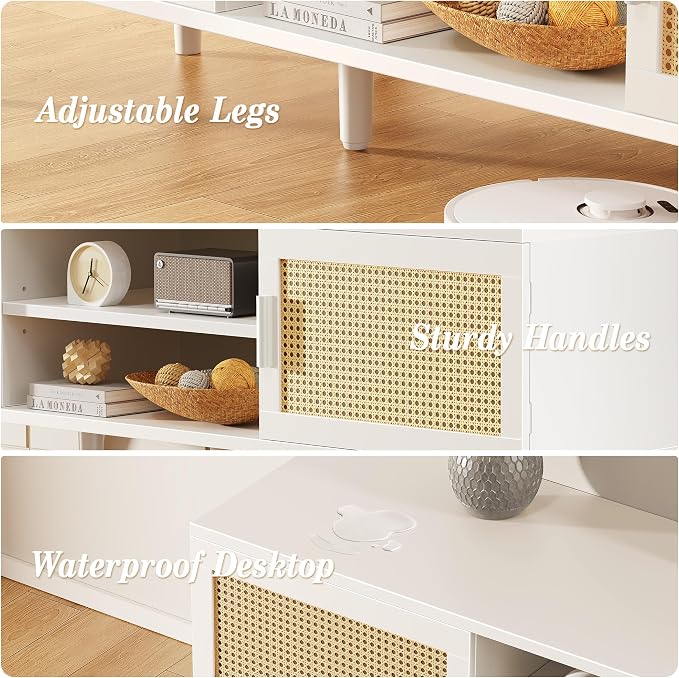 SUPERJARE TV Stand for 65 Inch TV, Entertainment Center with Adjustable Shelf, Rattan TV Console with 2 Cabinets, Media Console, Solid Wood Feet, 4 Cord Holes, for Living Room, White