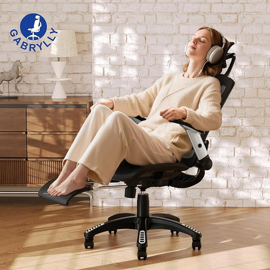 GABRYLLY Ergonomic Office Chair with Footrest, High Back Home Desk Chair - 3D Headrest, Flip-Up Arms, 135° Tilt and Wide Cushion, Heavy Duty Mesh Chairs for Task Computer Gaming, GYB01-FT