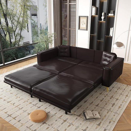 92.1'' Pull Out Sofa Bed King, Faux Leather Futon Couch, 3-in-1 Convertible Sleeper Sofa with Tufted Back, Gold Furniture Legs, Deep Loveseat for Living Room, Apartment, Office, Dark Brown