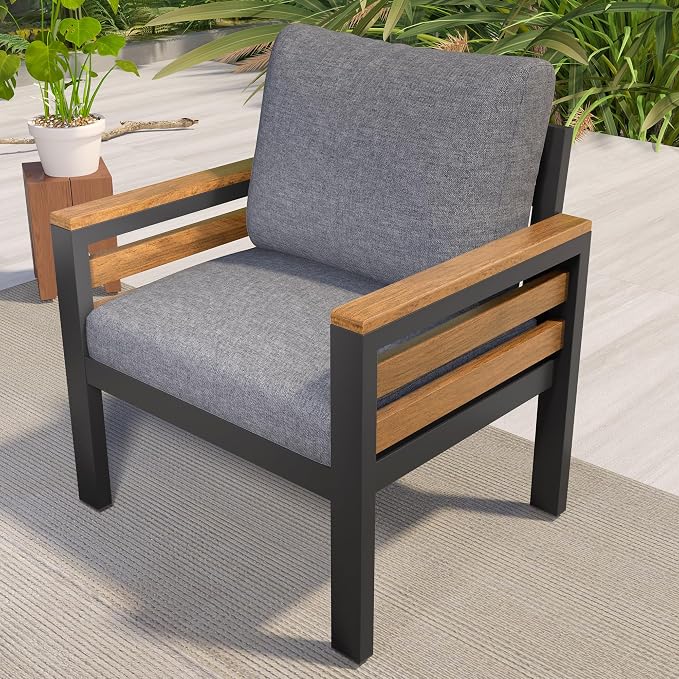 VilroCaz 4-Piece Outdoor Patio Furniture Sectional Sofa Set with Acacia Wood Armrests, All-Weather Conversation Set with Removable Cushion and Solid Wood Coffee Table for Garden Backyard (Grey-TH)
