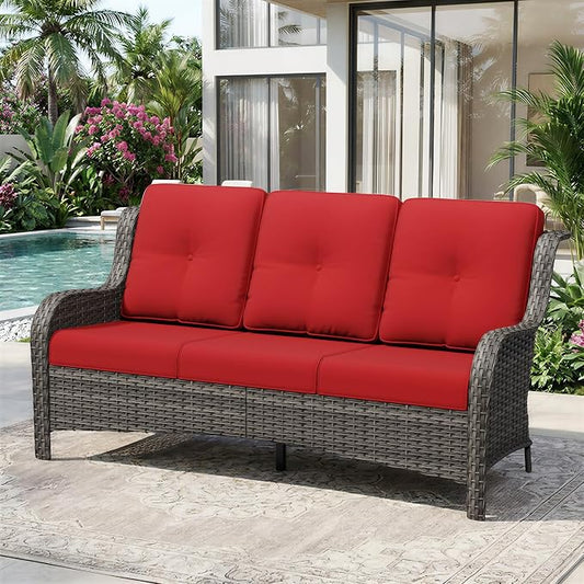3 Seat Outdoor Couch, Wicker Patio Sofa with Thickened Olefin Cushions, High Back and Deep Seating, Hand-Woven PE Rattan for Porch, Deck, Balcony