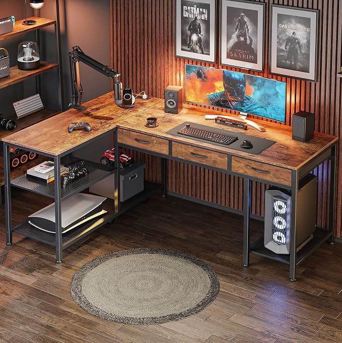 PRAISUN 55 Inch L Shaped Office Desk with Power Outlets and Type-C Port, Large Computer Gaming Desk with 3 Fabric Drawers, Mesh Shelves, Corner Study Work Writing Desk, Rustic Brown