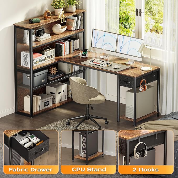 PRAISUN 57 Inch L Shaped Gaming Computer Desk with Larger Open Cabinet, Reverisble Office Desk with Power Outlets, LED Lights, Work Desk, Fabric Drawer, Adjustable Wood and Mesh Shelf, Rustic Brown