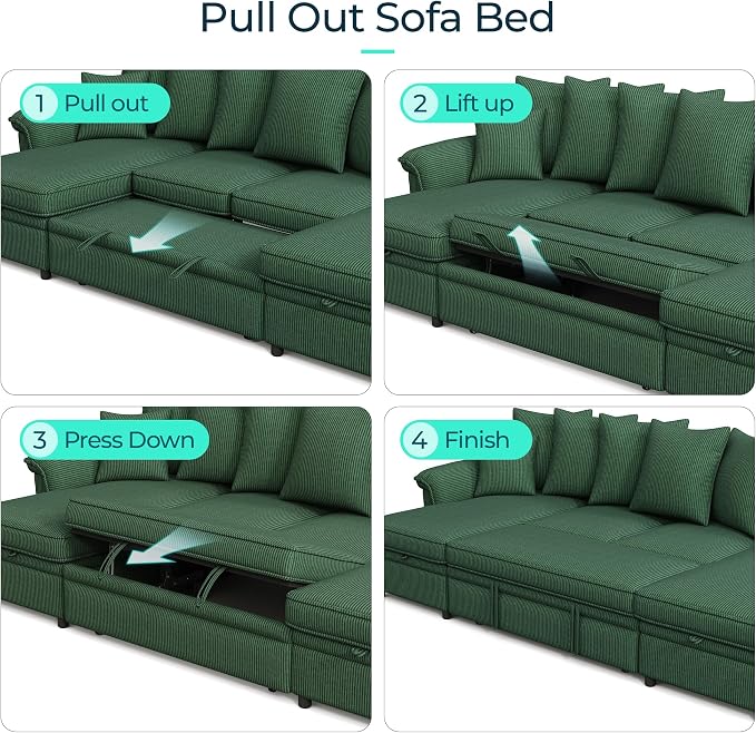 LINSY HOME Oversized Sectional Sleeper Sofa with Pull Out Couch Bed (Green, 118.5'') | USB Charging