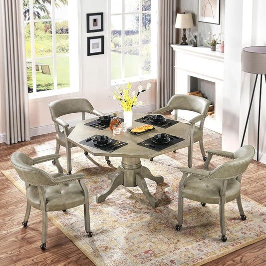 LEEMTORIG Set of 4 Dining Chairs with Casters and Arms, Large Rolling Dining Chairs with Wheels, Accent Poker Table Chairs, Solid Wood Boss Caption's Chairs Office Desk Chairs, Soft Grey SY-1318-UA