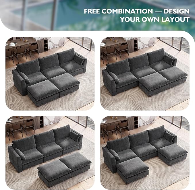 Ihanherry 117" Oversized Modular Sectional Sofa, Modern U Shaped Cloud Couch with 2 Storage Ottoman, 5-Seat Comfy Chenille Deep Seat Sofa with 2 Pillows for Living Room, Grey