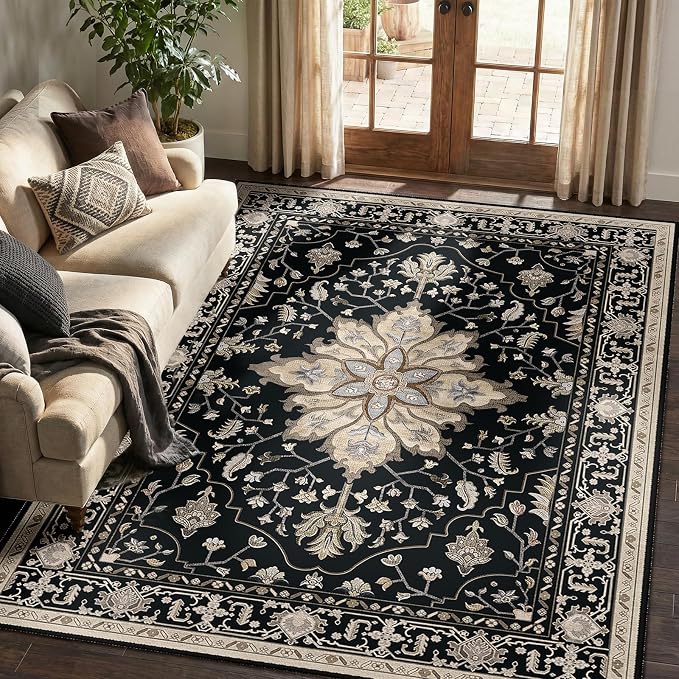 RELEANY Area Rugs 5'x7' Washable Non-Slip, Floral Vintage Distress Medallion Carpet for Living Room Bedroom Dining Room, Black Brown Neutral Dark Tan