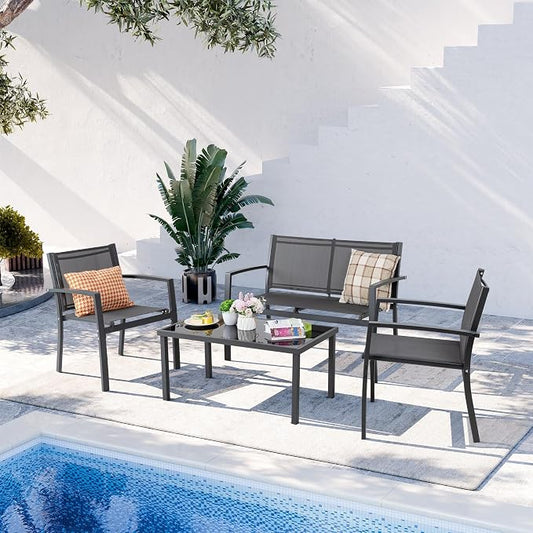 Shintenchi 4 Pieces Patio Furniture Set All Weather Textile Fabric Outdoor Conversation Set, with Glass Coffee Table, Loveseat, 2 Single Chairs for Home, Garden, Lawn, Porch(Gray)