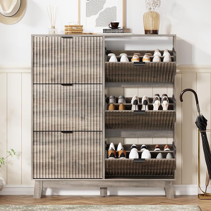 HUANLEGO Shoe Cabinet Storage for Entryway with 6 Flip Drawers, Fluted Narrow Shoe Organizer with Wooden Legs, Freestanding Slim Shoe Storage Hidden Shoe Rack Organizer for Front Door Entrance, Grey