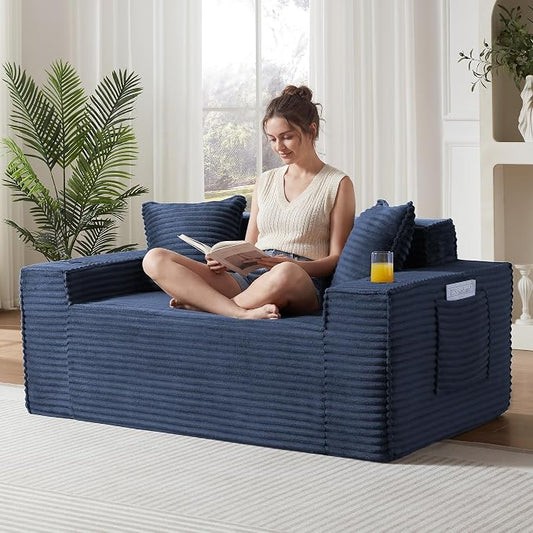 3 Pcs Living Room Cloud Sofa Set, Boneless Sofa Couch with Cup Holder and Side Pocket for Compact Living Rooms, Apartments (Blue, Single Chair and Loveseatand 3 Seat Sofa)