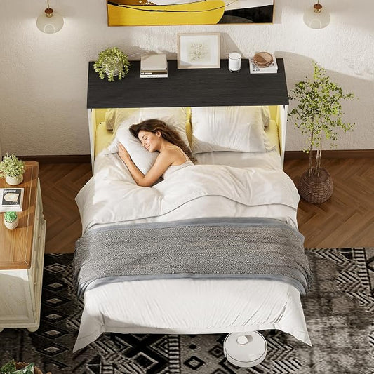 Ihanherry Queen Murphy Bed with Storage Drawer, Farmhouse Cabinet Bed with LED Lights & Charging Station, Space Saving Wall Bed for Small Bedroom/Home Office, Noise Free & Easy Assembly, Rustic White