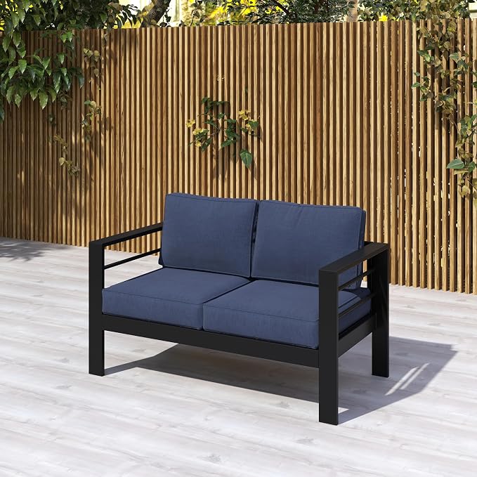 Kiss the Water Loveseat Aluminum Outdoor Patio Sofa Set, All Weather Rust-Proof Metal Patio Couch, Modern Outdoor Furniture for Backyard Porch Garden, 5" Thick Waterproof Olefin Cushions, Light Grey