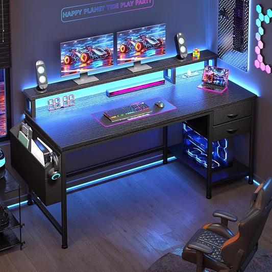 DurayLoly 48" Gaming Desk with RGB Lights & Power Outlets for Teens | Wireless Remote Full-Color Strip, Various Lighting Modes, Level Up Teens Gaming Vibe or Study for Protect Eyes In Bedroom