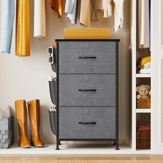 Night Stand Set 2, Nightstand with Drawers for Bedroom, Bedside Table with Wooden Top, Sturdy Steel Frame End Table, Dorm Nightstand for Bedroom, Entryway, Hallway, Closet, Cloth Bags, Hooks, Grey