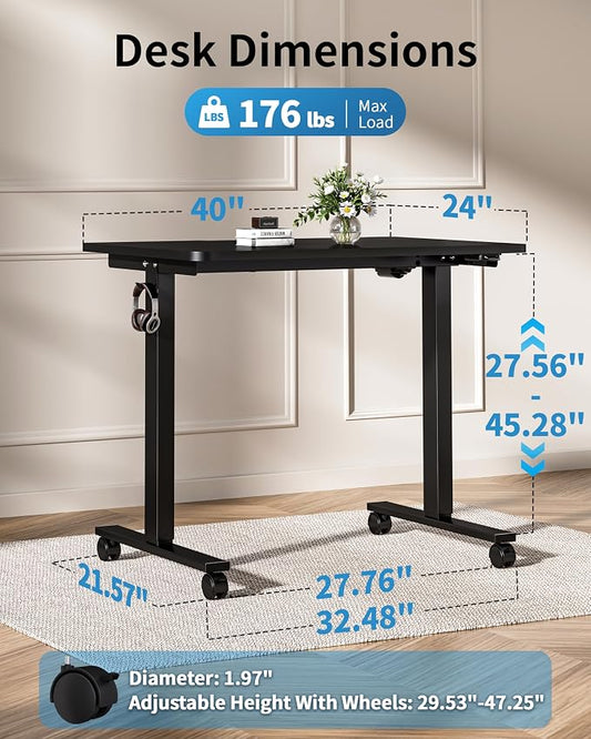 Okin Small Electric Standing Desk, 36 x 24 Inches Whole Piece Height Adjustable Desk, Black Sit to Stand Desks Computer Workstation with Wheels for Home Office