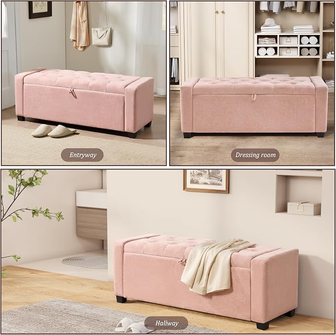 Royal Windsor Ottoman with Storage,Tufted Storage Bench with Safety Hinge,Holds up to 350 lb,Upholstered Bench with Seating for Bedroom, Living Room,Entryway,Pink