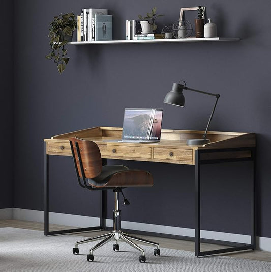 SIMPLIHOME Ralston Desk - 60 Inch Wide Solid Acacia Wood and Metal Writing Desk in Distressed Golden Wheat, Modern Industrial Home Office Computer Table with 2 Drawers and Flip-Down Keyboard Tray