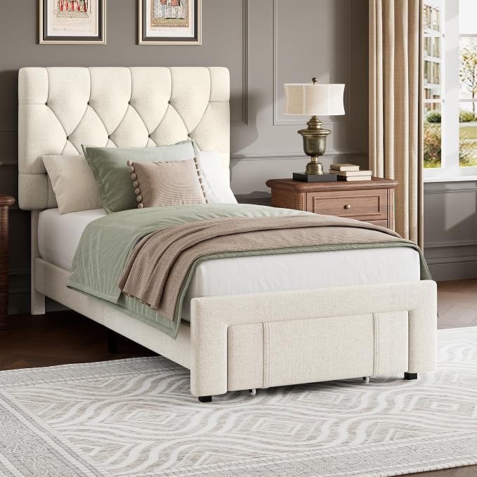 GarveeHome Twin Size Bed Frame, Upholstered Platform Bed Frame with Storage Drawers, Mattress Foundation with Solid Wooden Slats Support, No Box Spring Needed, Beige