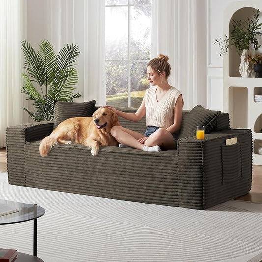 3 Pcs Living Room Cloud Sofa Set, Boneless Sofa Couch with Cup Holder and Side Pocket for Compact Living Rooms, Apartments (Brown, Single Chair + Loveseat+ 3 Seat Sofa)