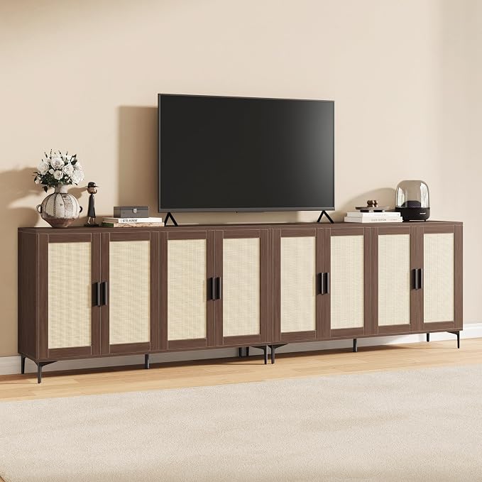 JASIWAY 48" Rattan Buffet Cabinet with Storage, Walnut Coffee Bar Cabinet | Storage Buffet With Doors and Adjustable Shelves, Sideboard Console for Kitchen, Dining Room, Living Room, Anti-Tip