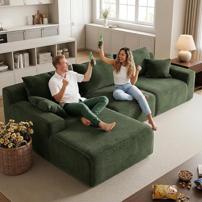 Homkdom 98" Boneless Couches for Living Room, L-Shape Modular Sectional Sofa with Deep Seat Oversized Left Facing Chaise, Cloud Couch for Apartment, Small Space (Green)