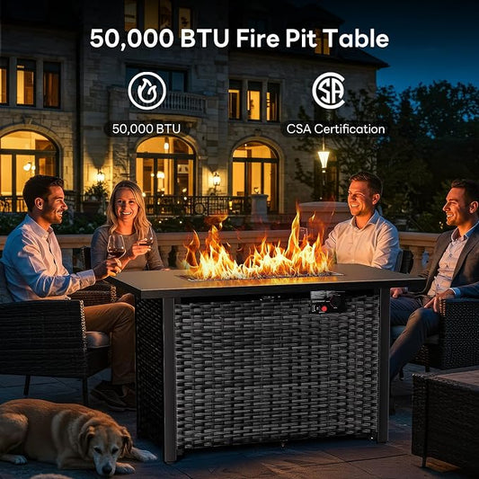 43” Outdoor Propane Fire Pit Table, 50,000 BTU Square Rattan Gas Fire Pit with Lid & Blue Crystal Stones, Steel Tabletop, Adjustable Flame, 4-in-1 FirePit Table for Patio, Backyard, Outdoor Gatherings