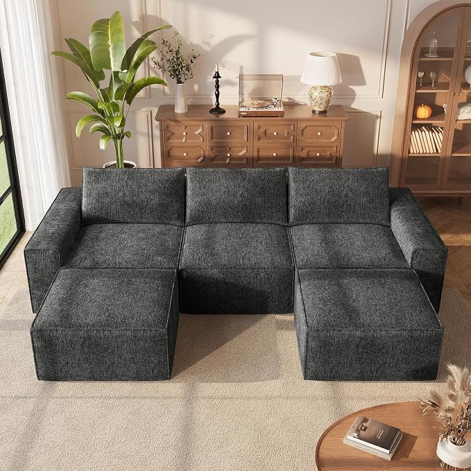 Vesgantti 114" Boneless Modular Sectional Sofa, Modern U Shaped 5 Seater Couch with 2 Ottoman & Deep Seat, Convertible Chenille Cloud Couches for Living Room, No Assembly Required, Dark Grey
