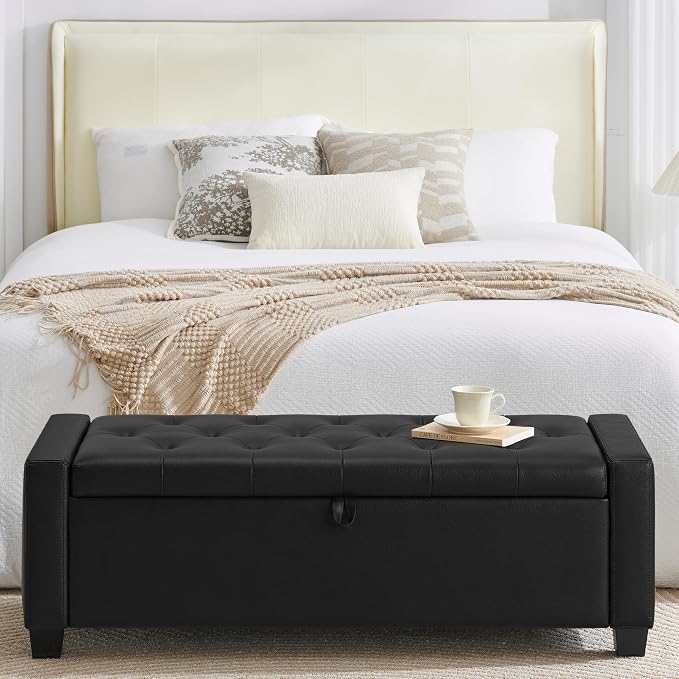 Huatean Home 48" Ottoman with Storage, Storage Ottoman Bench with Safety Hinge, Upholstered Entryway Bench with Seating for Bedroom, Living Room, Holds up to 330 lb, Light Black