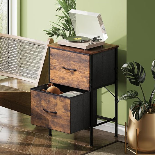 WLIVE Night Stand, Small Dresser with 2 Drawers & Wooden Top, Nightstand with Fabric Bins, Bedside Table End Table for Bedroom, Closet, Entryway, College Dorm, Rustic Brown
