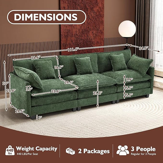 Ihanherry 111.4 Inch 3-Seater Cloud Sofa, Modular Sectional Couch, Modern Deep Seat Sofa for Living Room, Comfy Double Layer Upholstered Seat Cushion, Breathable Chenille Fabric, Green