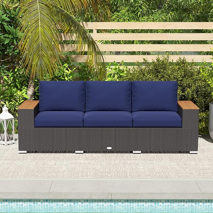 Outsunny 3-Seat Outdoor Patio Sofa with 24.5" Extra Wide Deep Seats, PE Wicker Sofa with Wide Wood Effect Armrests and 4" Cushions, Rattan Outdoor Couch for Porch, Garden, Poolside, Navy Blue