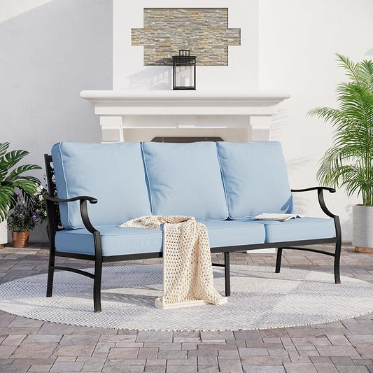 SUNSHINE VALLEY Metal Patio Furniture Sofa with 5.75" Extra Thick Waterproof Cushion, 3-Seater Deep Seating & High-Back Outdoor Couch All Weather Outdoor Seating for Backyard Deck Front Porch, Blue