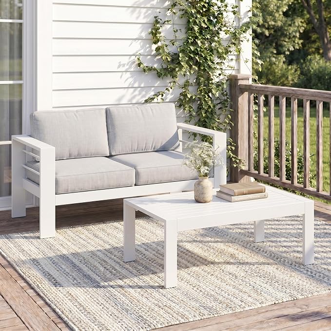 Solaste Aluminum Outdoor Loveseat with Coffee Table,2 PCS Patio Furniture Set with Cushions, All-Weather Outdoor Patio Sofa Sets for Balcony, Deck, Backyard, Porch, Garden, White