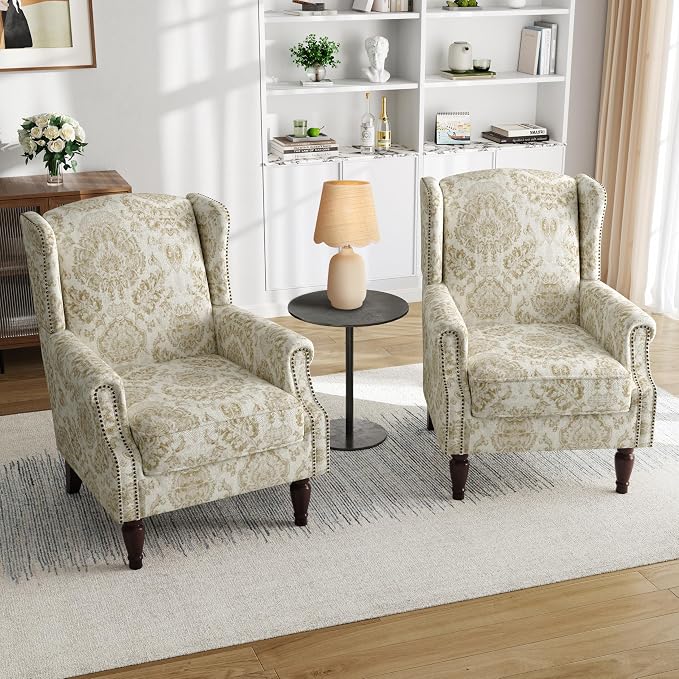 Pia Ricco High Back Floral Accent Chair - Retro Wingback Upholstered Armchair with Nailhead Trim, Solid Wood Legs, Fabric Living Room Bedroom Reading Chair (Flower White)